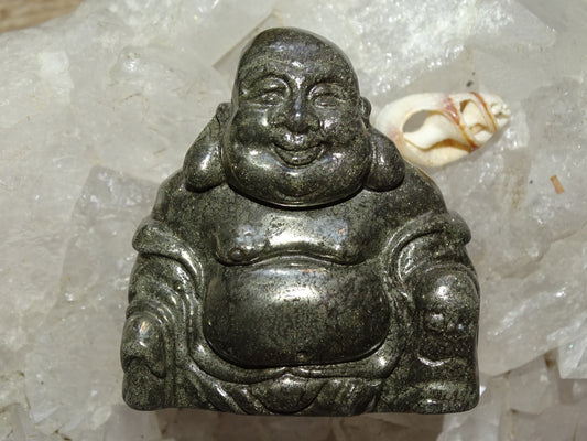 Laughing Buddha in pyrite, handmade, size 50 millimeters high x 45 x 26 - very beautiful little piece of a nearly indestructible stone!