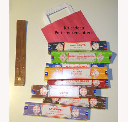 GIFT PACK! 8 incense sticks from 'Satya Agarbatti', classic series + 1 free wooden incense holder! Very good quality, long-established brand, perfect for your ambiances! Perfect for beginners!