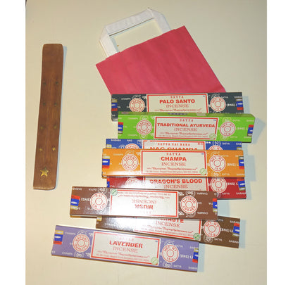 GIFT PACK! 8 incense sticks from 'Satya Agarbatti', classic series + 1 free wooden incense holder! Very good quality, long-established brand, perfect for your ambiances! Perfect for beginners!