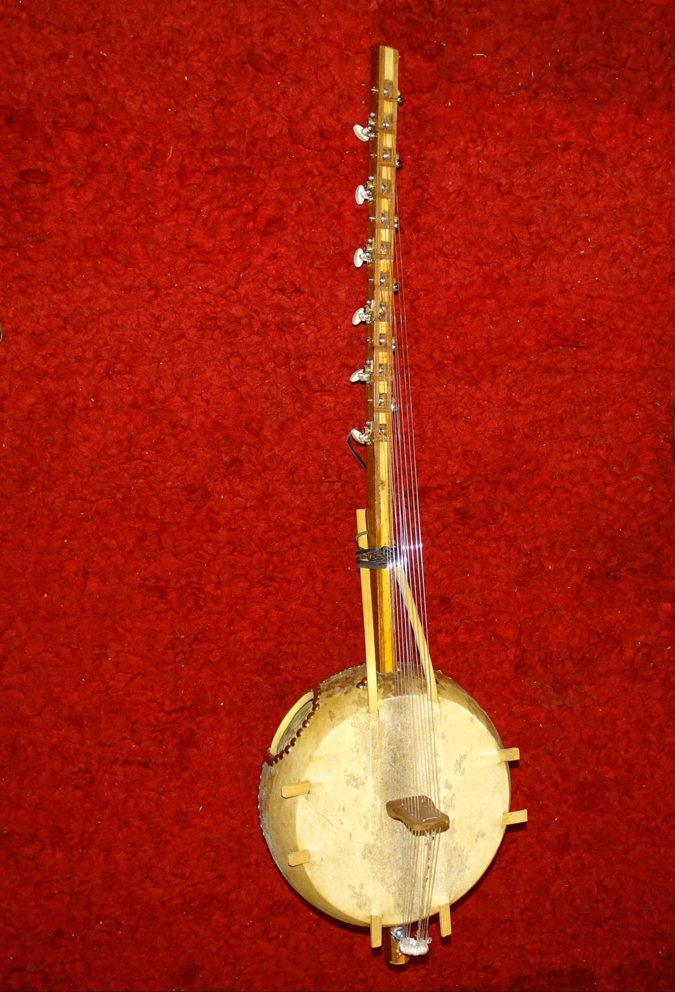 Kamélé n'Goni de 12 cordes (nylon), fait au Mali dans la tradition ! 1,10 mètres de hauteur, caisse en potiron de 35 centimètres de diamètre. Le son est proche d'un kalimba, une douceur incroyable, la harpe Africaine !