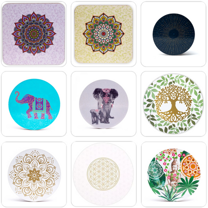 Sélection de dessous de verres, ensemble de 6 pièces avec de jolis motifs : Bouddha, éléphant, fleur de vie, mandala... 9 modèles aux choix, parfait !