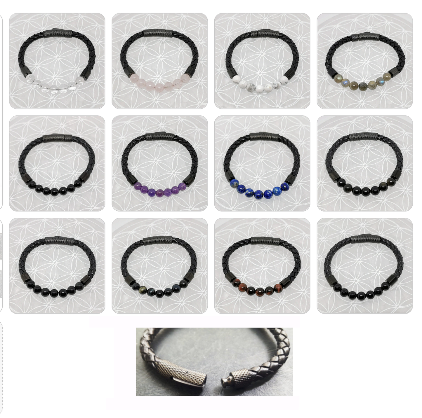 Collection n°3 de bracelets, 'Cuir & fermoir magnétique", simple rang, avec perles de 8 mm - 20,5 cm de longueur !