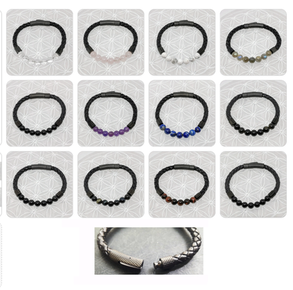 Collection n°3 de bracelets, 'Cuir & fermoir magnétique", simple rang, avec perles de 8 mm - 20,5 cm de longueur !