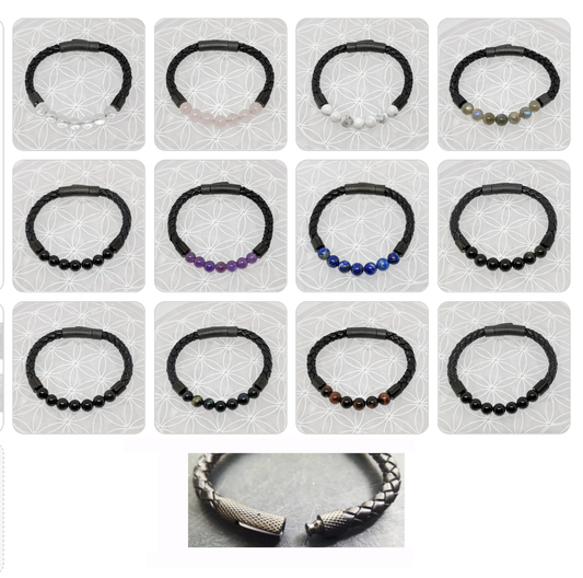 Collection #2 of single-strand 'Leather &amp; Magnetic Closure' bracelets with 8 millimeter beads. Available in 20.5 cm lengths. Superb AA to AAA quality beads!