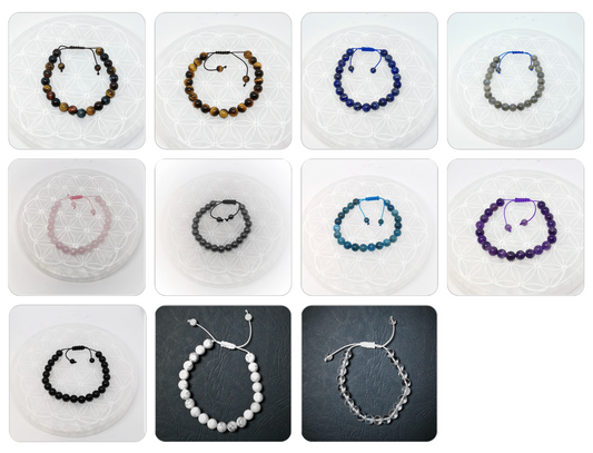 Collection of single-strand mala/sliding bracelets with 8 millimeter beads. Adjustable length from 16.5 to 20 centimeters. Beautiful AA to AAA quality beads!