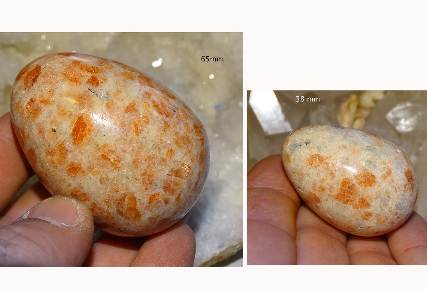 Oeuf en pierre du soleil, 2 tailles au choix de 38 et 65 millimètres de hauteur x 32 et 48 millimètres de diamètre, poids 63 et 197 grammes. Très belle qualité, parfait pour une collection !