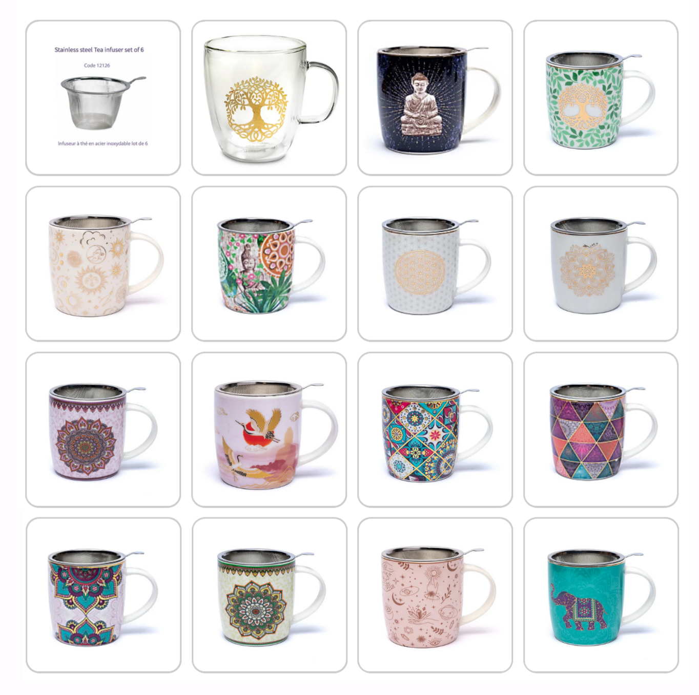 Sélection de tasses/ mugs, en verre ou en porcelaine (Kaolinite), de 250 et 400 millilitres. Avec de très jolis dessins : Bouddha, éléphant, arbre et fleur de vie, mandala... Modèles aux choix, parfait !