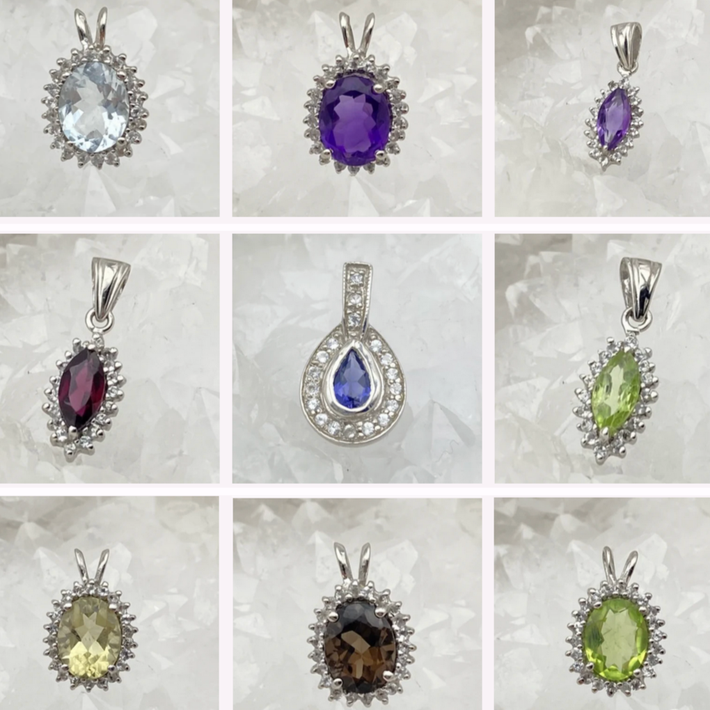 Collection Retro' | Pendentif en Argent serti d'une pierre 'gemme' en : Aigue-Marine - Améthyste - Grenat - Iolite - Péridot - Quartz fumé ou Lemon !