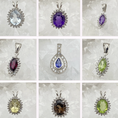 Collection Retro' | Pendentif en Argent serti d'une pierre 'gemme' en : Aigue-Marine - Améthyste - Grenat - Iolite - Péridot - Quartz fumé ou Lemon !