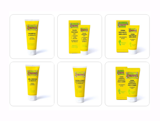 Sélection de chez 'Tabiano', shamppoing, gel, crème... de 75 à 250 millilitres. Produits particulièrement adaptés à tous les problèmes de peaux (visage, pied, jambe)... grâce à sa composition avec le Bio-Soufre !