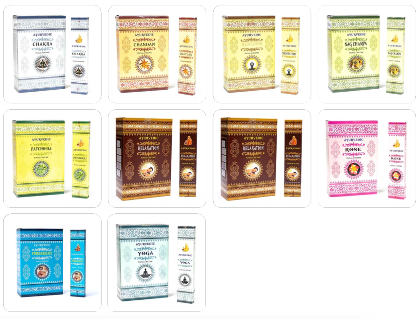 Ayurvedic incense from 'Masala Incense', 12 fragrances to choose from. 100% natural, hand-rolled without toxic materials. The box contains 12 packs of 15 incense sticks per pack. Burn time: ± 60 minutes per stick. Sold individually or in packs of 12!