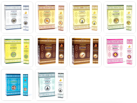 Ayurvedic incense from 'Masala Incense', 12 fragrances to choose from. 100% natural, hand-rolled without toxic materials. The box contains 12 packs of 15 incense sticks per pack. Burn time: ± 60 minutes per stick. Sold individually or in packs of 12!