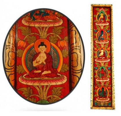 Thangka/ panneau en bois de 91 x 20 centimètres, incroyable conception dans un cadre en bois de pin, avec les 5 Bouddhas !