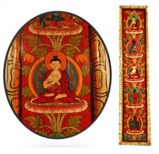 Thangka/ panneau en bois de 91 x 20 centimètres, incroyable conception dans un cadre en bois de pin, avec les 5 Bouddhas !