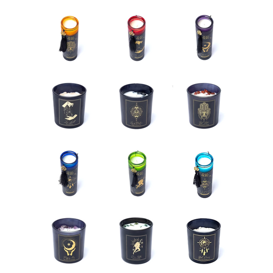 Bougies 'd'intentions' aux huiles essentielles et avec *** pierres précieuses *** de chez 'Song of India'. 20 ou 80H de combustion ! Lorsque la bougie brûle, les pierres précieuses coulent avec la cire, une fois terminée, vous conserver les pierres !