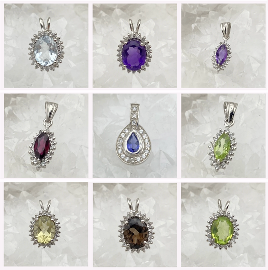 Collection Retro' | Pendentif en Argent serti d'une pierre 'gemme' en : Aigue-Marine - Améthyste - Grenat - Iolite - Péridot - Quartz fumé ou Lemon !