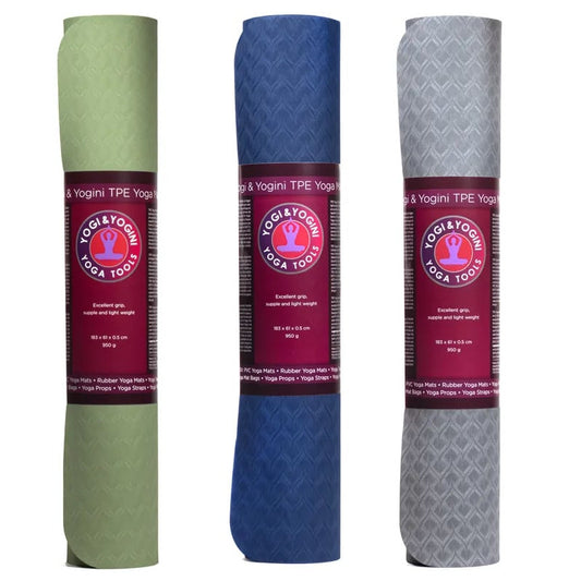 TPE yoga mat 61x183x0.5 cm - 950 grams Extremely durable, flexible and lightweight quality. Ultra-hygienic dense cell structure with excellent grip. Suitable for light to medium intensity yoga forms, such as Hatha and Yin Yoga!