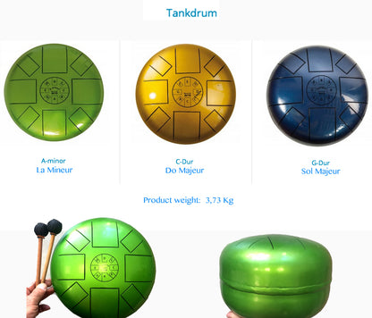 Tank drum, 26cm diameter, 3 models to choose from - A minor/ A minor - C major/ C major - G major/ G major. Sold with 2 sticks, Top!! Sold with a bag and 2 sticks, perfect!