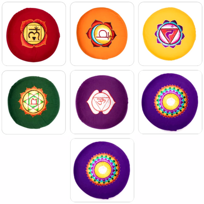 A selection of meditation or yoga cushions in the colors of the 7 chakras, made of organic cotton (OCS). 33 centimeters in diameter x 13 centimeters in height - 2300 grams. From Yogi &amp; Yogini, made in India! Cushions sold individually or in sets of 7!