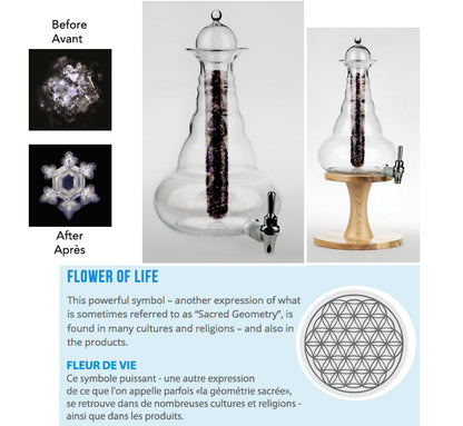 Carafe de taille XL, modèle 'Universe' de chez Nature's design, avec gravure de la fleur de vie en Platine. Contenance de 5 litres. Verre sans plomb, conçu suivant le nombre d'or ! Vendu avec ou sans support en bois !