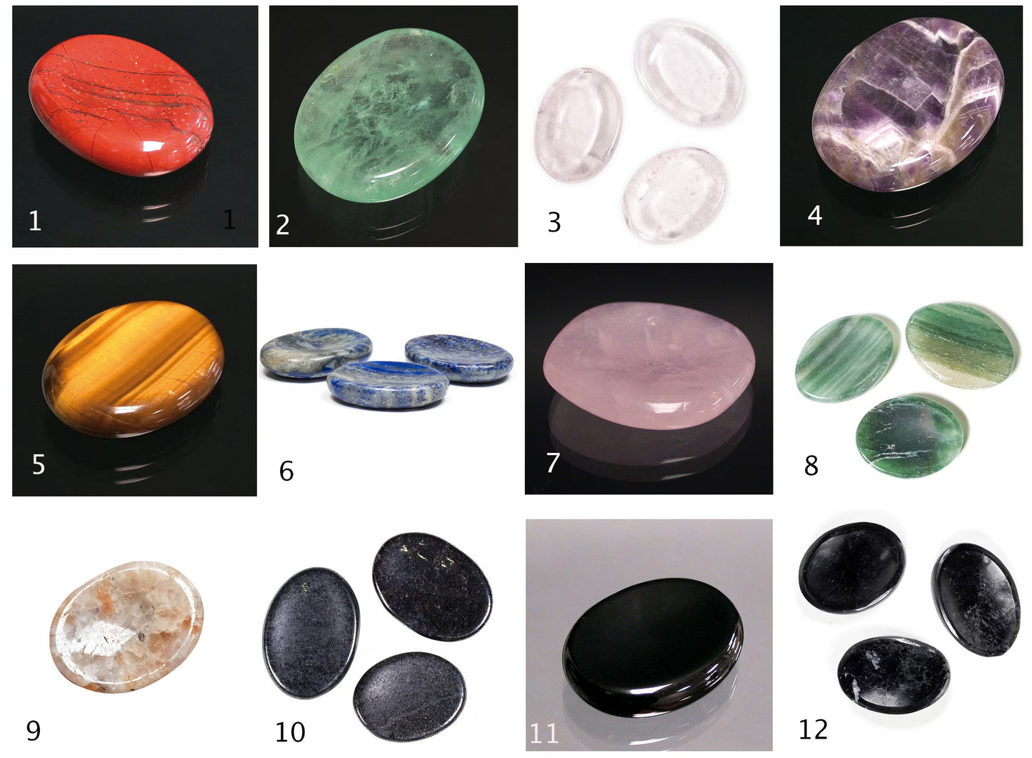 Sélection de galets/ pierres plates au choix ou en lot de 12, avec 1 face incurvée pour le pouce, parfait pour les massages, de 4x3x1 cm environ. Très belle qualité !