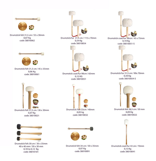 Selection of mallets for gongs, metal or crystal singing bowls, drums, xyplophones... Very good quality!