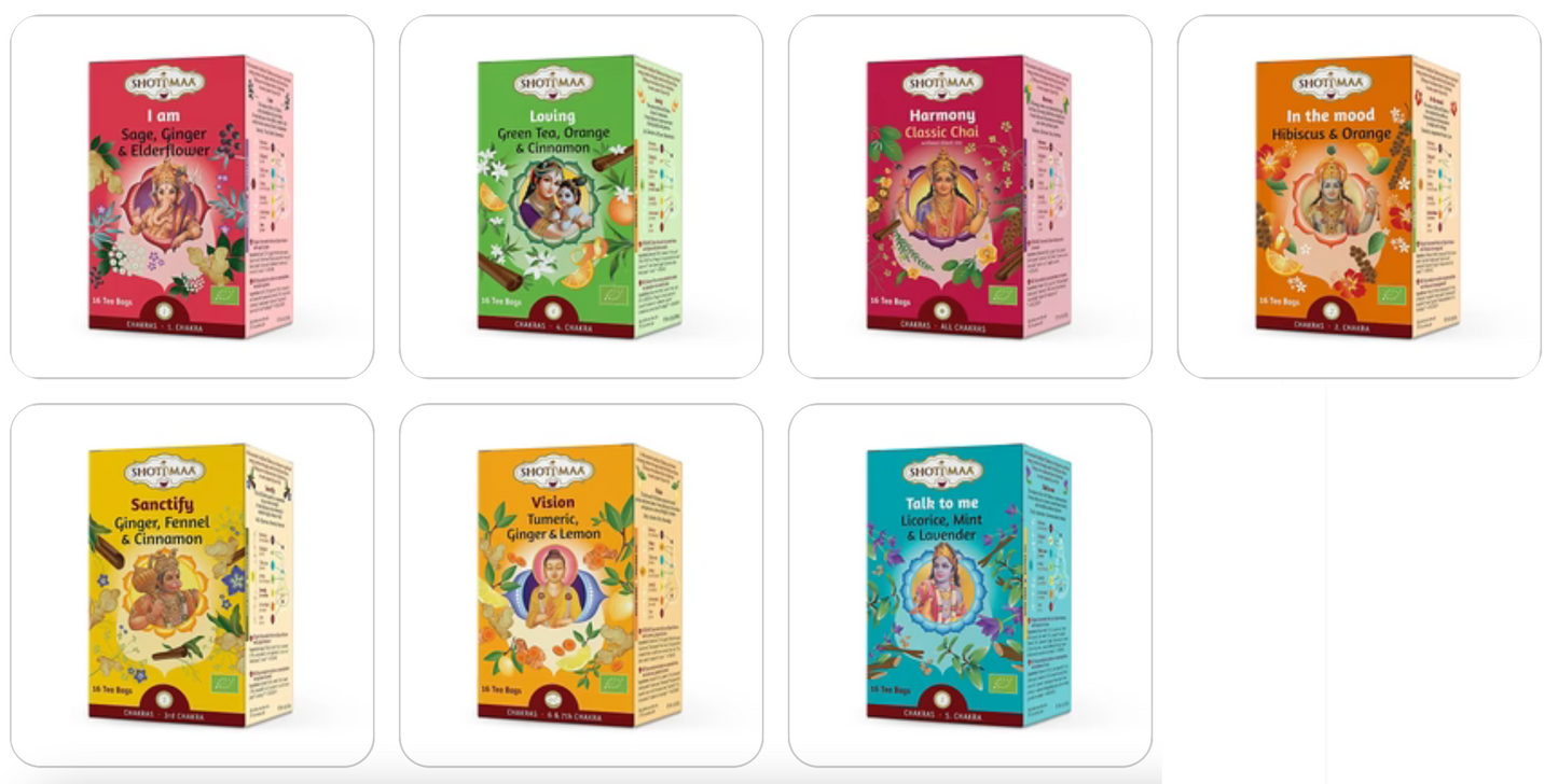 Organic infusion and tea from 'Shoti Maa', Ayurvedic tea with spices. 7 flavors to choose from, 32 grams / 16 tea bags per box. Proven quality! 