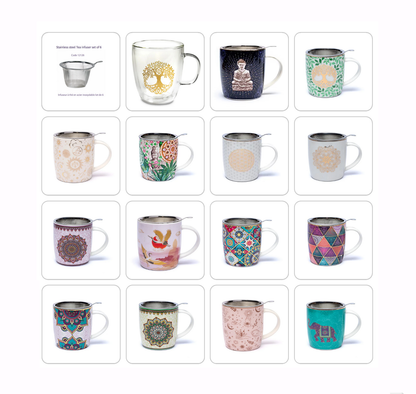 Sélection de tasses/ mugs, en verre ou en porcelaine (Kaolinite), de 250 et 400 millilitres. Avec de très jolis dessins : Bouddha, éléphant, arbre et fleur de vie, mandala... Modèles aux choix, parfait !