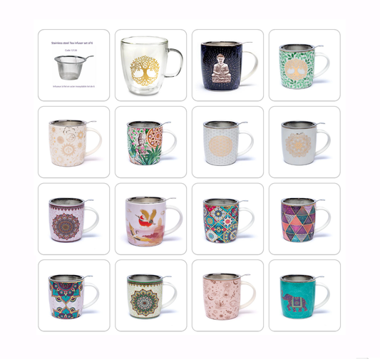 Sélection de tasses/ mugs, en verre ou en porcelaine (Kaolinite), de 250 et 400 millilitres. Avec de très jolis dessins : Bouddha, éléphant, arbre et fleur de vie, mandala... Modèles aux choix, parfait !