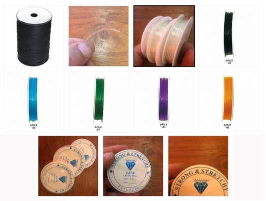 Sélection de fils divers 'spécial bijouterie' : Fil élastique transparent 8mm ou 10mm, ou couleurs 8mm. Bobine de fil en cordon de coton ciré noir de 15mm (bobine de 7 ou 450m.) !