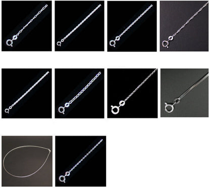 Sélection de chaînettes de 43 à 65 centimètres en Argent 0.925. 10 modèles au choix ! Parfait pour vos pendentifs prféférés !