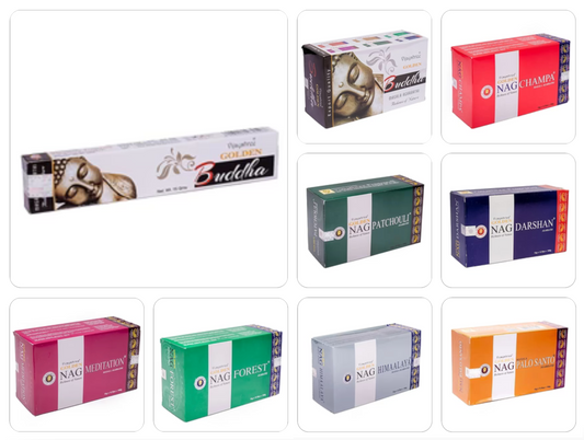 Incense from 'Satya, Agarbatti', 'Golden' Series, 8 fragrances to choose from! The art of making traditional Indian incense! Sold in packs or boxes of 12 packs!