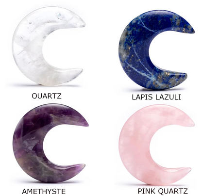 Sélection de 'croissant de Lune' en pierre : Cristal de roche, Quartz rose, Amethyste, Lapis lazuli. De 4 x 3 x 1 centimètres, 15 grammes. Très belles finitions, parfait !