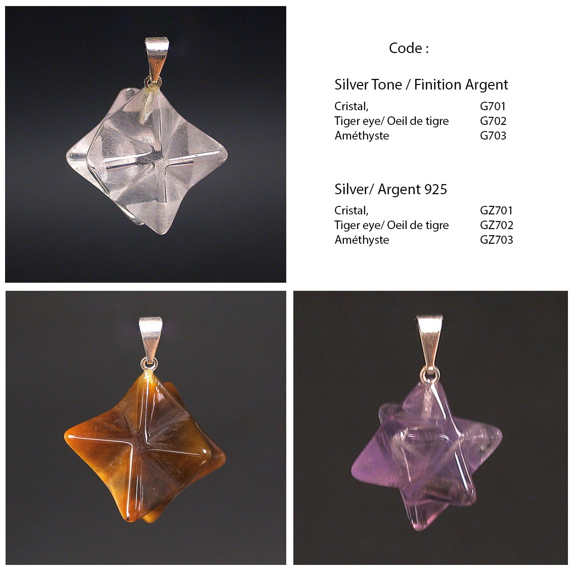 Mercabah/ Merkabah (étoile à 8 branche sur Argent, 15 x 15 millimètres. Pierres au choix : Améthyste, Oeil de tigre, Cristal de roche. Vendu avec un cordon réglable noir !