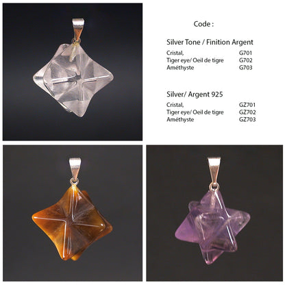 Mercabah/ Merkabah (étoile à 8 branche sur Argent, 15 x 15 millimètres. Pierres au choix : Améthyste, Oeil de tigre, Cristal de roche. Vendu avec un cordon réglable noir !