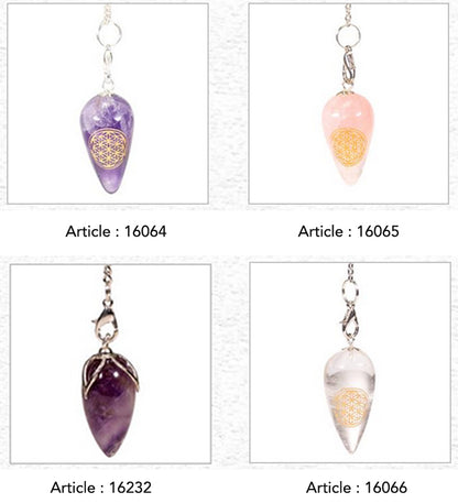 Sélection de pendules en pierre avec gravure de la fleur de vie, modèles au choix. Pour radiesthésie, pour professionnel ou débutant, parfait !
