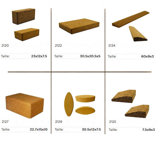 A selection of cork blocks for use as a tool in physiotherapy, yoga, etc. Cork is lightweight, easy to handle, and also useful for assisting with long postures—perfect! Made in Portugal!