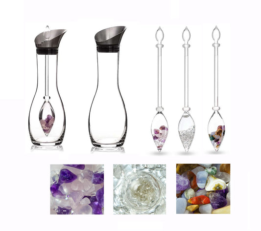 Bouteille/ Décanteur 'Era' de 1,3 litres, pour une nouvelle ère dans la préparation de « l’eau de gemme ». Verre sans métaux lourds ! vendu avec ou sans minéraux ! 3 bâtons de gemmes au choix : Diamant / 5 éléments / Bien être !