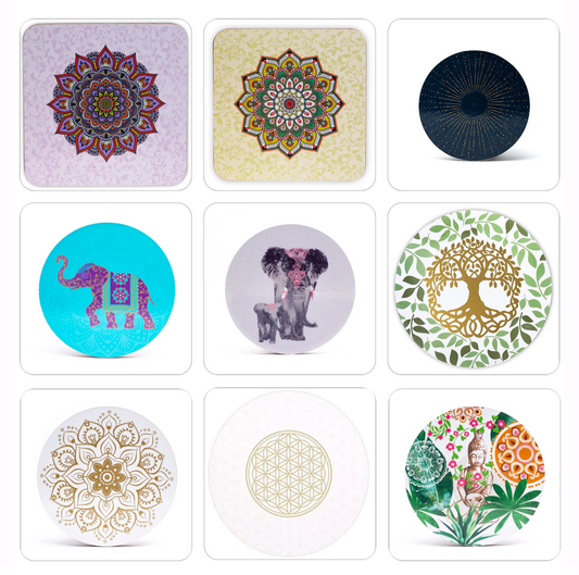 Sélection de dessous de verres, ensemble de 6 pièces avec de jolis motifs : Bouddha, éléphant, fleur de vie, mandala... 9 modèles aux choix, parfait !