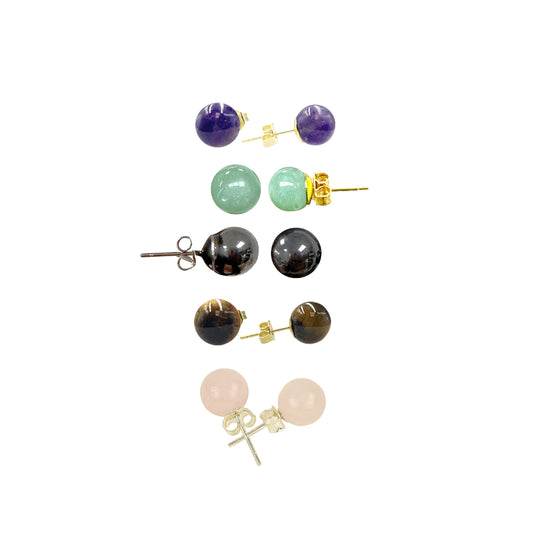 Studs/Amethyst, Aventurine, Hematite, Tiger's Eye, and Rose Quartz earrings. Grade A to AA. Silver-plated or gold-plated brass finish. Elegant, delicate, and perfect!