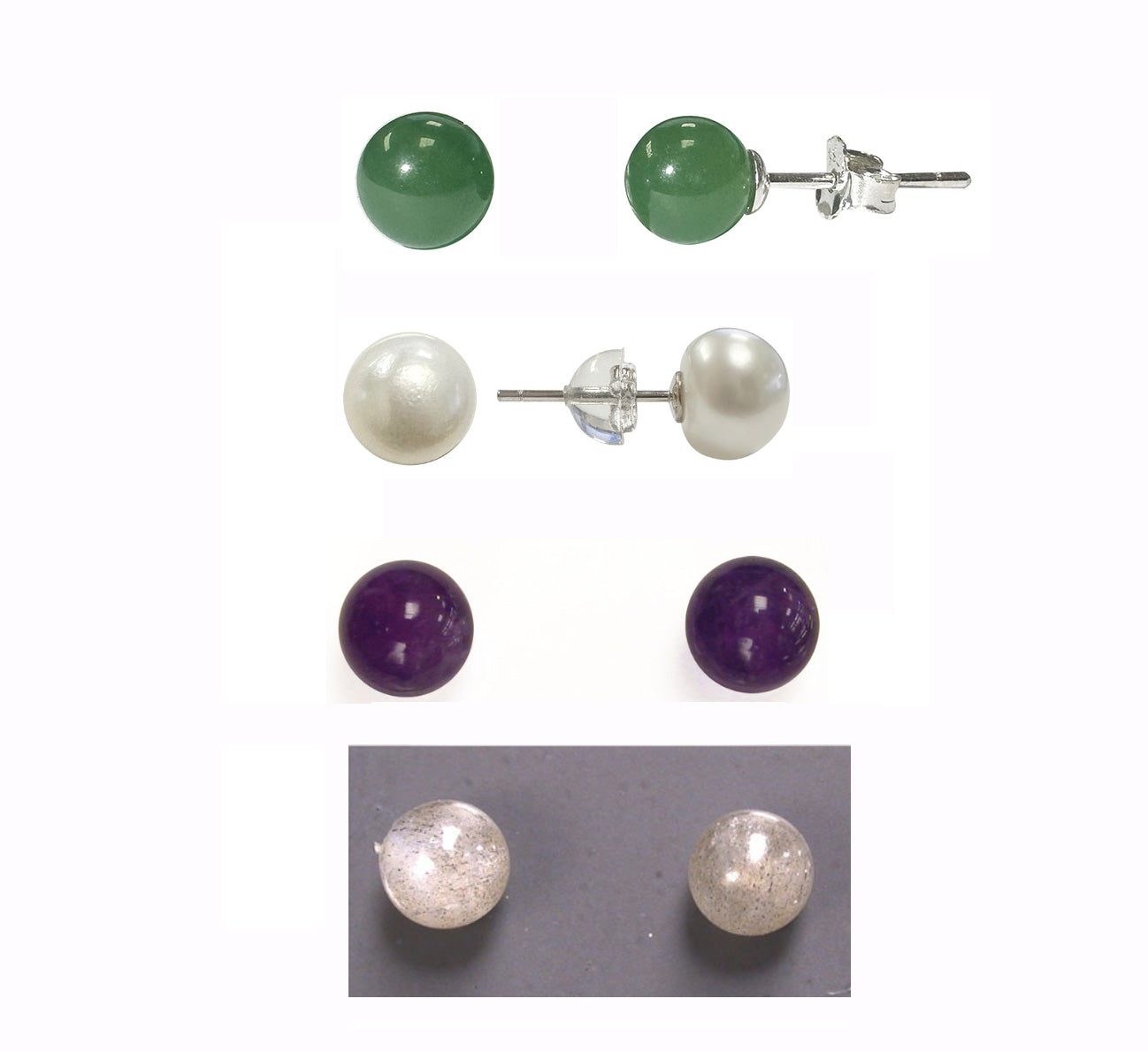 Studs/Earrings in Jade, Amethyst, Labradorite, Biwa pearl (Tahiti); AA to AAA quality. 0.925 Silver finish, very elegant, fine, perfect!