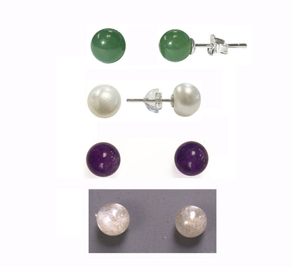 Studs/Earrings in Jade, Amethyst, Labradorite, Biwa pearl (Tahiti); AA to AAA quality. 0.925 Silver finish, very elegant, fine, perfect!