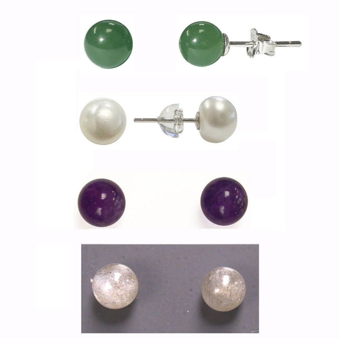 Studs/Earrings in Jade, Amethyst, Labradorite, Biwa pearl (Tahiti); AA to AAA quality. 0.925 Silver finish, very elegant, fine, perfect!