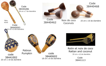 Sélection de divers modèles au choix de maracas, hochet ou shaker, fait en bois, potiron et osier... Parfait pour vos projets sonores de danses ou pour des cadeaux originaux !