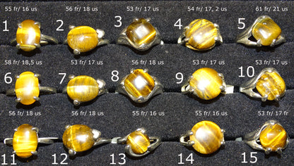 Bague en Œil de tigre, sélection de divers modèles au choix. Faites en laiton couleur Argent. Superbe pierre aux reflets irisés ! Taille repérées de 53 à 61 Fr. (voir photo)
