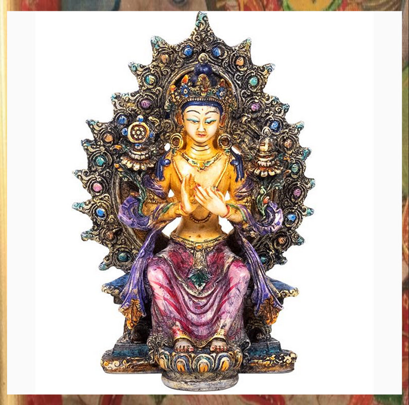 Statuette de Meitreya de 16 centimètres de haut. Fait et peint à la main au Népal, parfait dans une salle de Méditation, Autel, Collection, Exposition...! Poids +/- 370 grammes.