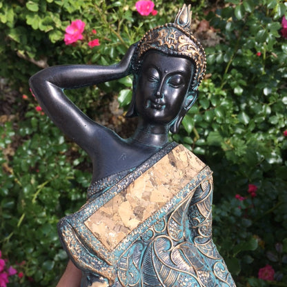 Reclining Buddha measuring 36x9x11cm. The textile and cork (wood) covering is very detailed. A sacred Buddhist deity! High quality, perfect for a meditation room, altar, collection, or exhibition. 