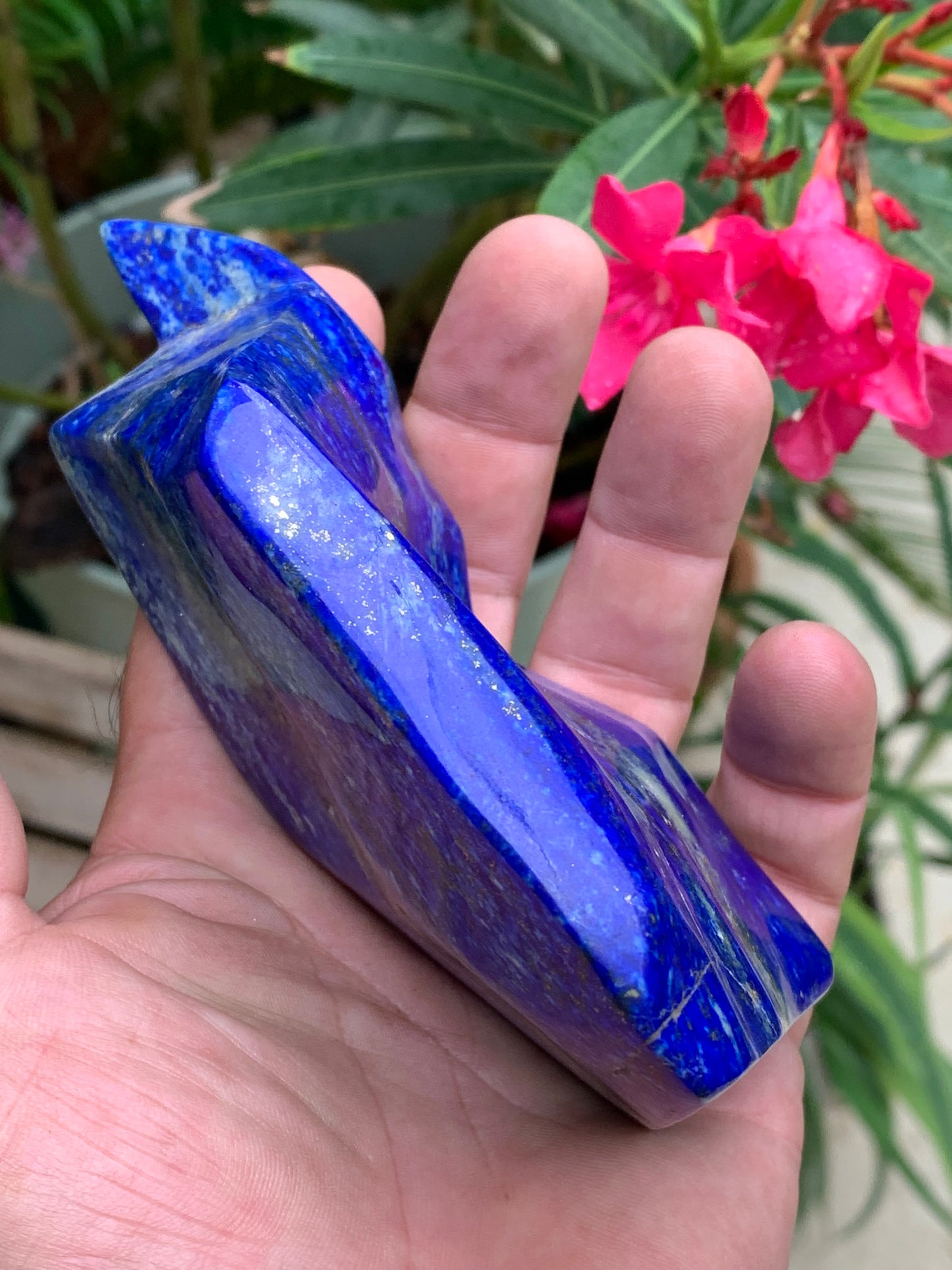 Lapis lazuli, forme libre polie de 135 x 71 x 42 mm - 479 grammes. Un bleu envoûtant et fascinant, pierre des pharaons !