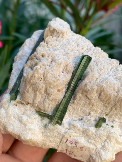 Tourmaline verte/ Verdélite, spécimen naturel de 183 x 62 x 35 mm - 144,5 grammes environ. 2 magnifiques cristaux de belle longueur !