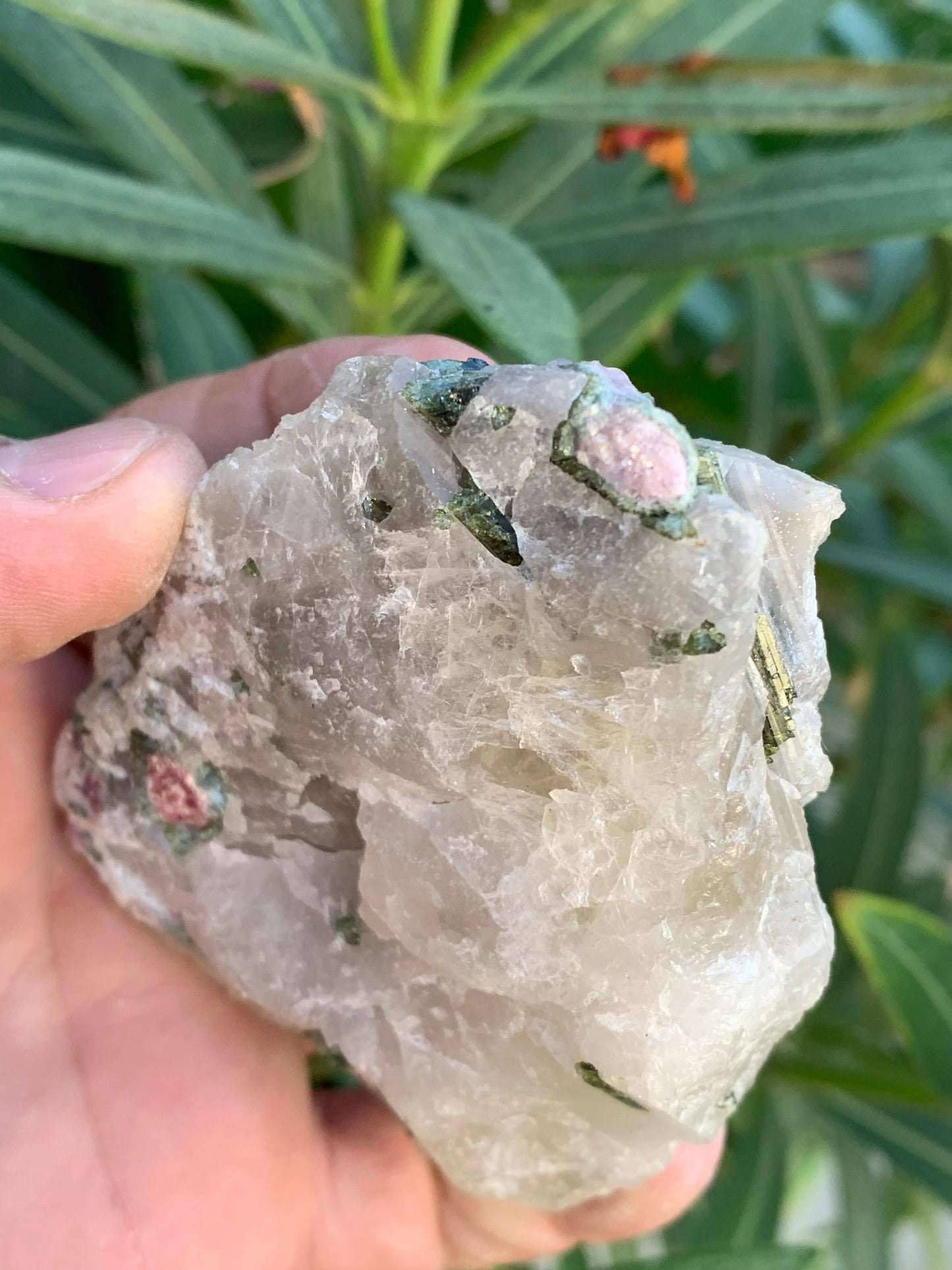 Tourmaline melon d'eau/ pastèque sur quartz, spécimen naturel de 94 x 74 x 28 mm - 226 grammes environ. Un bloc de quartz remplis de cristaux 'melon d'eau', superbe !
